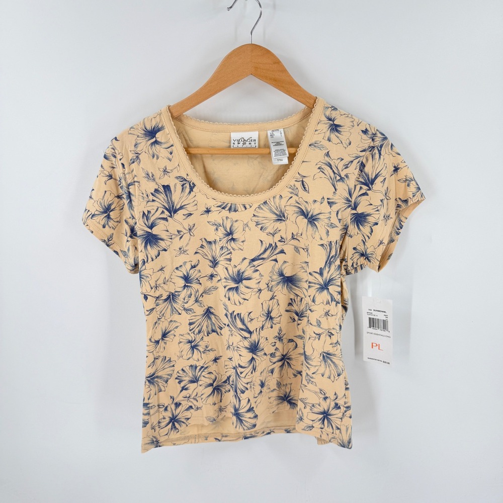 Vintage Villager Sport T-Shirt Tan Blue PL‎ Floral Cotton Cottagecore Coastal